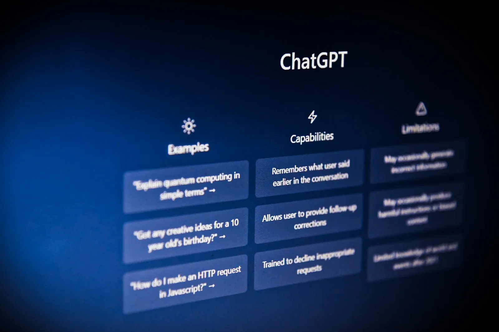 AI chat interface on a screen showing example prompts and capabilities