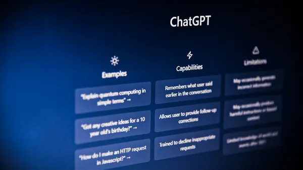AI chat interface on a screen showing example prompts and capabilities