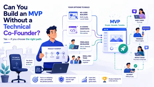 Illustration abstraite représentant la construction d'un MVP sans cofondateur technique