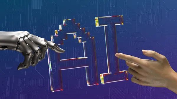 Robot and human hands both reaching toward the word AI