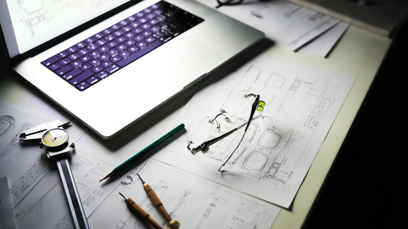 Product design workspace with a laptop, technical sketches, tools, and a prototype