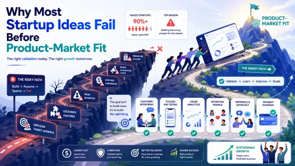 Illustration showing why startup ideas fail before product-market fit
